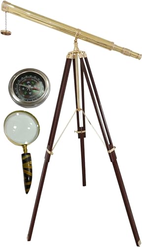 Vintage Floor Standing Brass Telescope Single Barrel W/Brown Wooden Tripod Stand Home Decor Griffith Scope Maritime 65