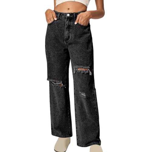 Women Wide Leg Jeans Baggy Ripped Boyfriends Jeans Loose High Waist Denim Pants Distressed Trendy Y2k Pants with Pocket