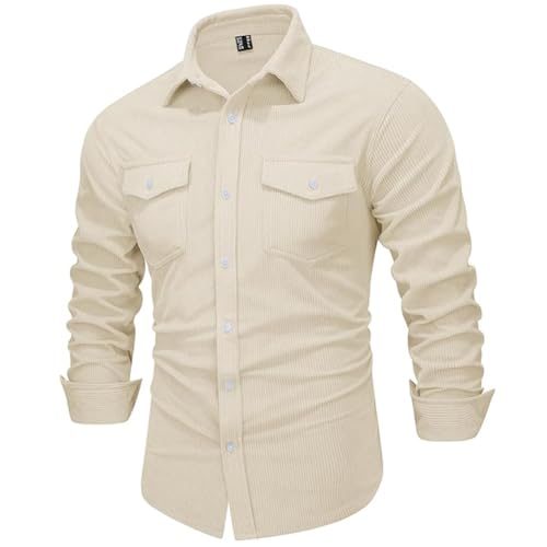 LBL Men's Corduroy Shirt Casual Long Sleeve Shirts Button Down Shacket Jacket with Flap Pockets APH089 Beige XXL - Image 3