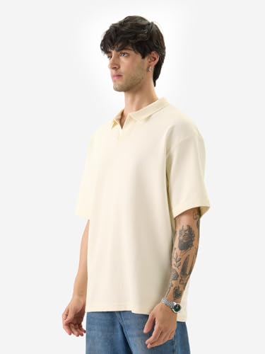 Image of The Souled Store Solids: Pastel Blue Men and Boys Short Sleeves Collared Neck Textured Cotton Blend Oversized Polos