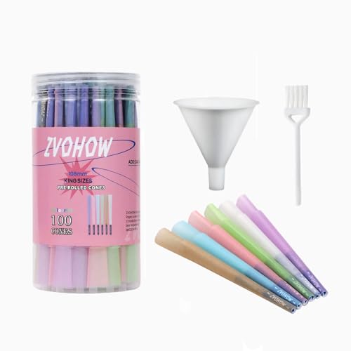 ZVOHOW 100 Stück King Size Vorgedrehte Hülsen (108mm) - 5 Regenbogenfarben Plastikfreie Papier-Filter inkl. Trichter & Stopfer