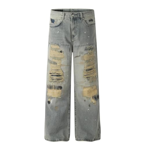 Jeans Pants Trousers Denim Street Trendy Washed Dirty Hole Loose Straight Leg for Men3