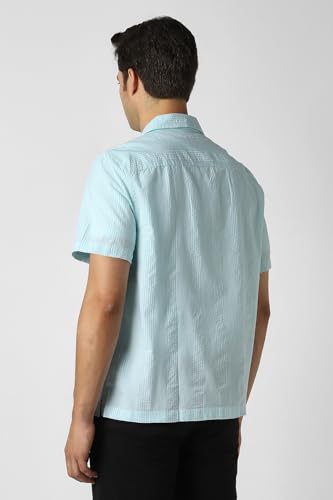Image of Peter England Men's Casual Half Sleeve Resort Collar Shirt in 100% Cotton Seersucker with Striped Design