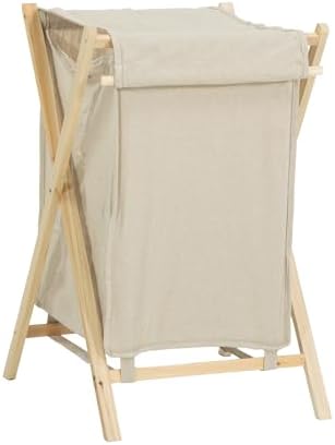Cesto ropa sucia de madera de abeto y tela beige con tapa | Bolsa...