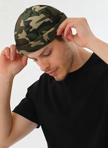 Image of 2 Pcs Mens Brimless Docker Cap Set - Retro Worker Sailor Skull Cap Beanie with Rolled Cuff