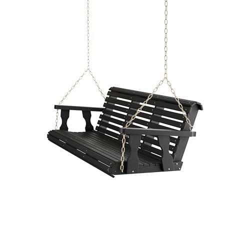 Image of Amish Casual Heavy Duty 700 Lb Capacity Porch Swing (6 Foot, Semi-Solid Black Stain) - Wooden Outdoor Roll Back Swing with Hanging Chains - Amish Made in the USA