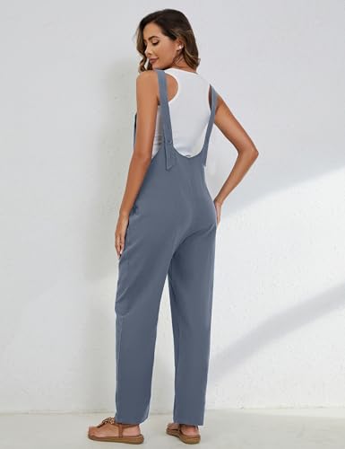 Image of Yeokou Womens Overalls Linen Cotton Jumpsuits Loose Casual Jumpers with Pockets