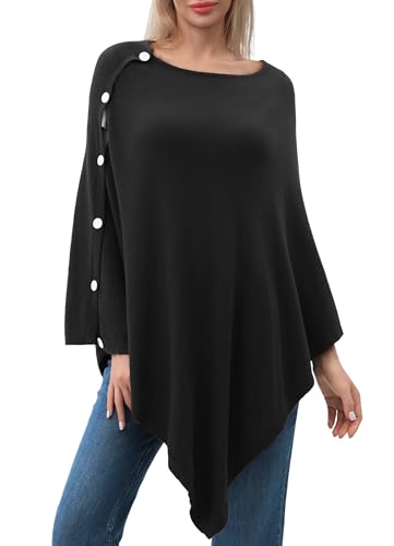 PULI Womens Button Poncho Versatile Shawls Wrap Round Neck Cashemere Feel Ponchos for Fall Winter
