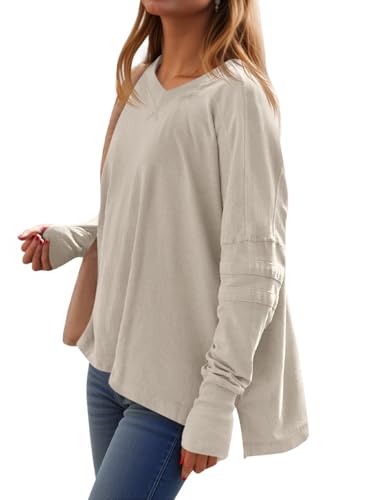 Tankaneo Womens Long Sleeve Workout Tops Oversized Hiking Shirts V Neck Side Split Gym Tunics with Thumb Holes