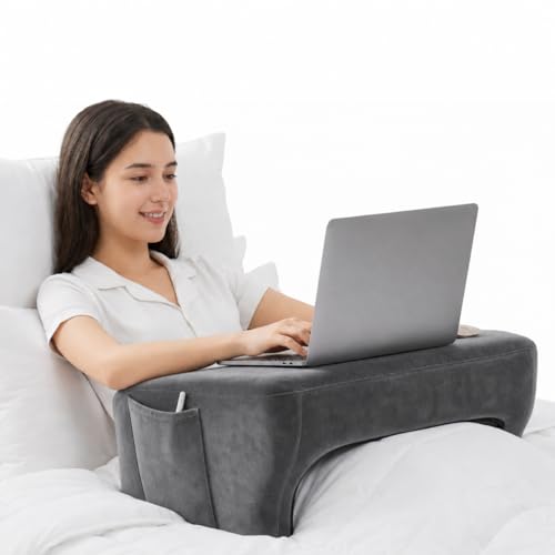 Image of Amazon Basics Memory Foam Lapdesk for Laptop, Ergonomic Laptop Table Pillow for Bed, Wrist Support & Side Pocket, Portable Lap Desk for Work from Home, Study & Travel - Dark Grey