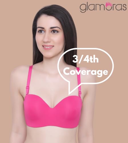 Image of GLAMORAS Women Cotton Nylon Spandex Heavily Padded Underwire Seamless Strapless Bra with Detachable Multi-Way Straps, Size - 34, B-Cup, Pink
