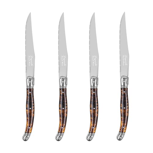 French Home Laguiole Connoisseur 4-Piece Steak Knife Set –Stainless Steel with Tortoise Shell Handles, Etched Detailing & Napoleon Bee Emblem – Serrated Knives for Smooth Cutting (9.25')