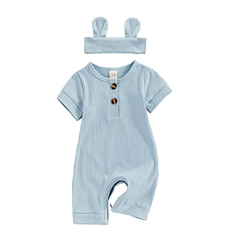 Image of Infant Boys Girls Clothes Set Newborn Baby Romper Hat Ribbed Knit Long Sleeve Button Solid Bodysuit Jumpsuit