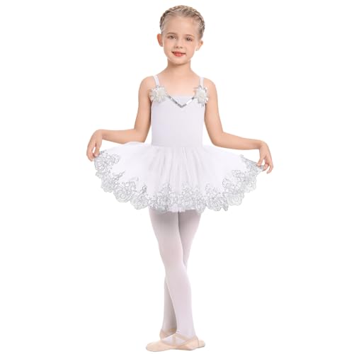 AFAVOM Ballet Leotards for Girls Toddler Sequin Flower Camisole Dance Dress Glitter Lace Tutu Skirted Leotard Ballet Outfit Kids Shiny Ballerina Costume Dancewear White - Sequin 5-6 Years