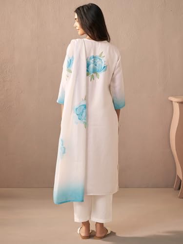 Image of INDO ERA Women's Straight Linen Floral Print Sequins work Kurta Pant with Dupatta Set