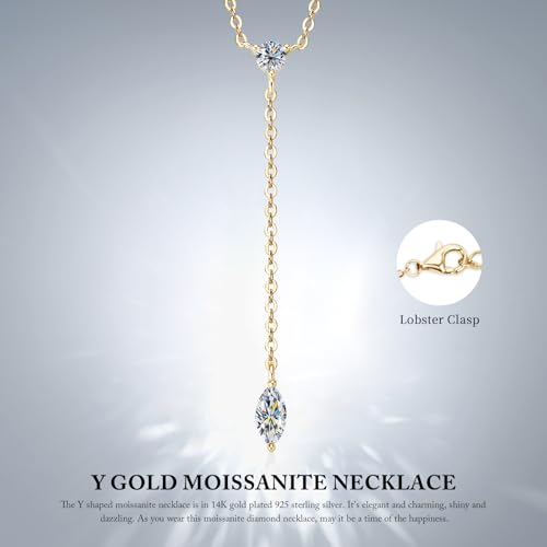 Lariat 14K White/Yellow Gold Plated Moissanite Necklace for Women, Dainty Long Necklace 925 Sterling Silver Chain Y-Shaped Pendant Drop Necklaces Trendy D Color Jewelry for Wife Mom Her4