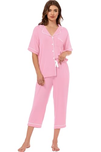 Image of LUBOT Womens Bamboo Viscose Pajamas for Women PJ Set 2 Piece Cooling Soft Short Sleeve Capri Pants Summer Sleepwear Set S-XXL