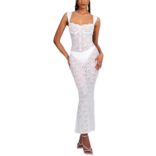 Owegvia Lace Dress for Women Sexy Long Bodycon Dress Lace See-Through Sleeveless Cami Dress Summer Backless Party Dress (White, S)