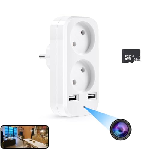 Firstoy Caméra cachée, caméra convertisseur avec 2 interfaces USB et 2 Prises EU, Adaptateur HD WiFi EU avec visualisation à Distance et Sauvegarde Automatique, Surveillance Interne de la sécurité