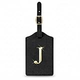 Personalized Initial Letter Luggage Tag for Suitcases PU Leather Baggage ID Tag with Metal Alphabet,Travel Accessory for Backpacks, Bags and Gift for Travelers (Black/Gold-Letter, J)