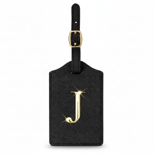 Personalized Initial Letter Luggage Tag for Suitcases PU Leather Baggage ID Tag with Metal Alphabet,Travel Accessory for Backpacks, Bags and Gift for Travelers (Black/Gold-Letter, J)