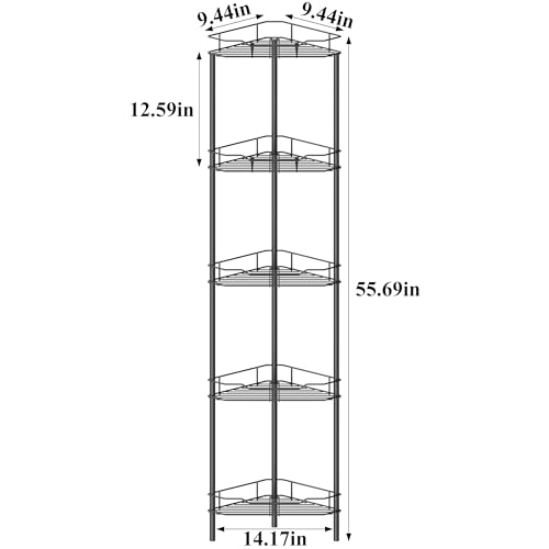 Image of HuggieGems 5 Tier Floor Standing Corner Shower Caddy Organizer Shelf with Hooks, Bathroom Shelves Stand Rack, Matt Black