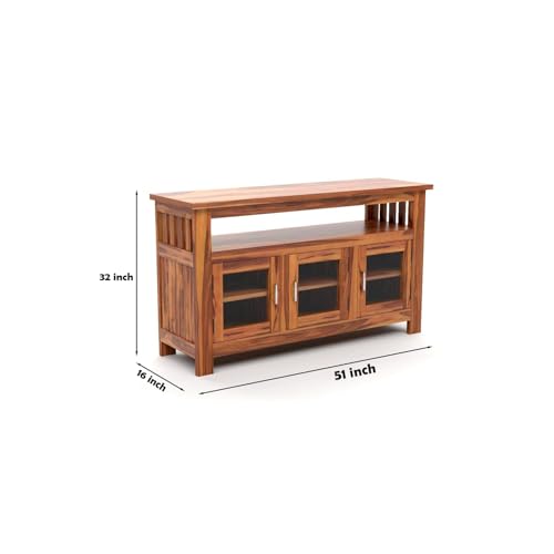 Image of Sheesham Wood Kitchen Cabinet with Glass Door | Kitchen Display Cabinet Storage,Crockery Rack | Dining Room Furniture (Natural Teak Finish)