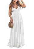 Ladmous Bohemian Dress Women's V Neck Floral Lace Dress Sleeveless Bridesmaid Evening Long Dresses X-Large White