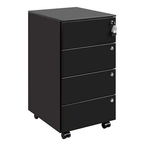 HOMSTEEL Caisson de Bureau, Meuble de Rangement Bureau, avec 4 Serrures, 4 Clés, Caisson à Tiroirs, 4 Tiroirs, Armoire Métallique, Prémonté, Noir