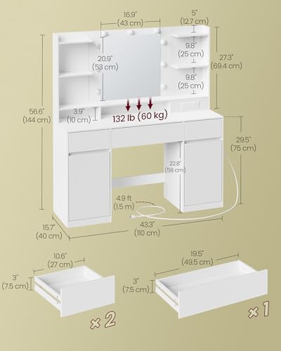 Image of VASAGLE 43.3-Inch Vanity Desk with Mirror and Lights, 3 Drawers 2 Cabinets