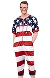 Mainfini Men's Fashion July Fourth Short Sleeve Romper Patriotism Loose Fit Coverall Distressed Zipper Onesie S