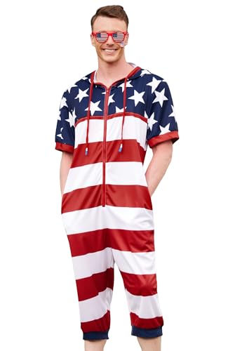 Mainfini Men's Fashion July Fourth Short Sleeve Romper Patriotism Loose Fit Coverall Distressed Zipper Onesie S