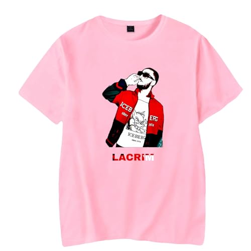 Lacrim T-shirt col rond à manches courtes pour homme et femme Impression décontractée Mode Tour Hip Hop Streetwear, Rose - HL13004, XL