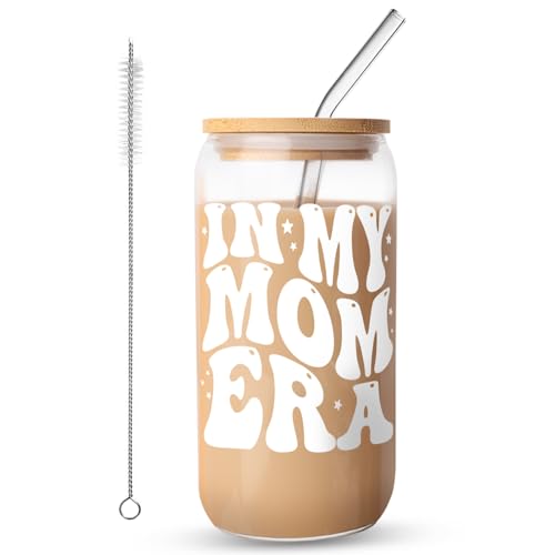 FIDWALL Iced Coffee Cup,Glass Cups with Lids and Straws,Mum Birthday Gifts,New Mum Gifts,Hot and Cold Drinks,Durable Glass (MOM)