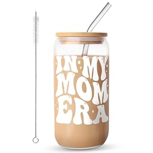 Iced Coffee Cup,Glass Cups with Lids and Straws,Mum Birthday Gifts,New Mum Gifts,Hot and Cold Drinks,Durable Glass (MOM)