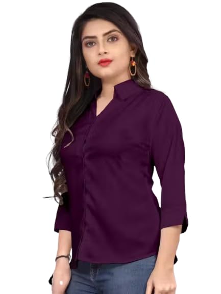 Image of Women's Cotton Blend Solid Shirt - Stylish Collar Neck-Purple-G1 P7