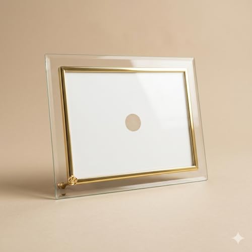 Image of Premium Crystal Glass Photo Frame 5x7 Inch | Elegant Gold Plated Inner Border with Metallic Stand Studs | Transparent Floating Tabletop Wedding Picture Frame for Home & Office Decor by MINT ART