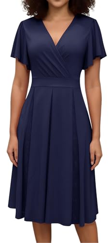 Image of Womens Navy Blue Cocktail Prom Dresses 2025 Summer Sexy V Neck Lace Maternity Clothes Formal Wrap Wedding Guest Bridesmaid Midi Dress,Large