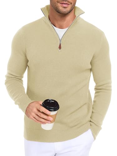 TUREFACE Man's White Knit Sweater Quarter Zip Lightweight Soft Manswear with Ribbed Cuffs Regular Fit Fashion Tops Easily Paired with Jeans Large Size