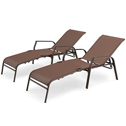 COSTWAY Lot de 2 Chaises Longues, Bains de Soleil avec Dossier Réglable à 5 Positions, Tissu Teslin Respirant et Structure Robuste en Acier Antirouille, Transat de...