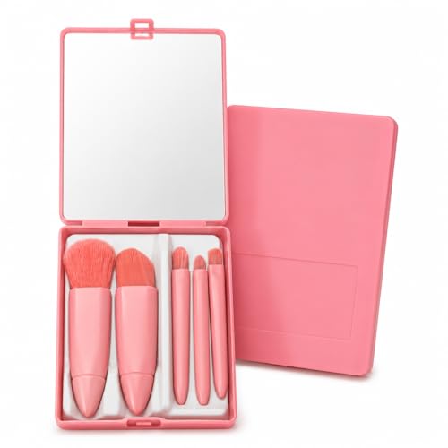 Kit de Pincéis de Maquiagem Portátil Rosa com 5 Peças, Estojo Compacto com Espelho Mini para Bolsa, Cerdas Sintéticas Macias