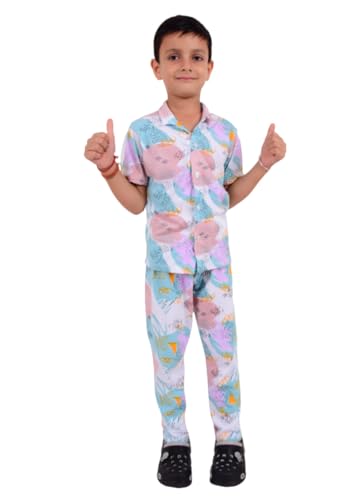 Image of 3BROS Unisex Pure Cotton Short Sleeve Kids Night Dress for Boys & Girls Nightwear /Sleepsuit /Sleepwear /Loungewear Night Suit for Boys and Girls Top and Pyjama Combo Set | JB20HS6031-Parent