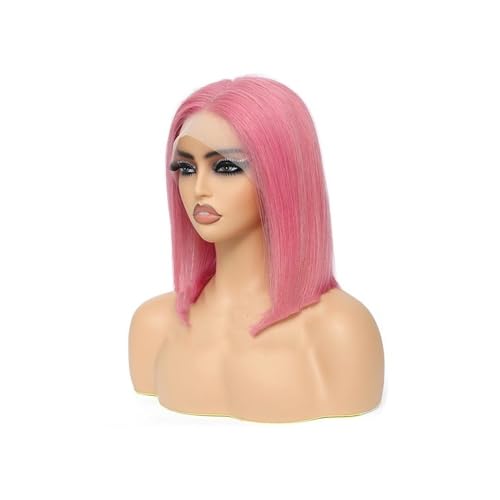 Perruques courtes en cheveux humains roses avec dentelle 13x4 transparente premium