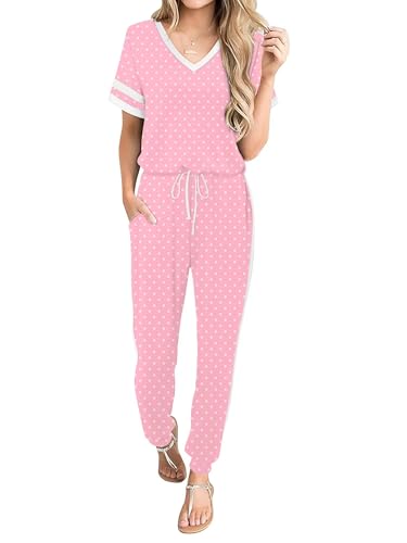 Magritta Women Casual Loose Tracksuit Trendy Short Stripes Sleeve V Neck Polka Dot Top & Tapered Leg Joggers 2026 Spring Lightweight Relaxed Outfit M