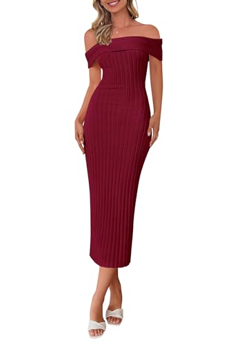 Image of PRETTYGARDEN Summer Dresses for Women Formal Off The Shoulder Midi Bodycon Ribbed Knit Spring Wedding Guest Dress (Wine Red,Medium)