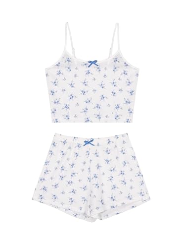 Image of Hilinker Womens Graphic 2 Piece Pajama Set Summer Cute Crop Cami and Shorts Ribbed Lounge Sets