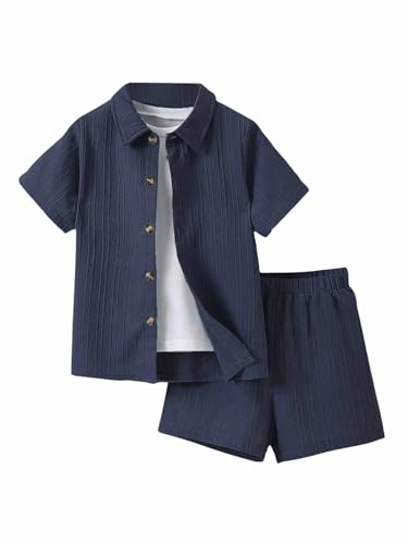 Image of SweatyRocks Boy's 2 Piece Summer Vacation Outfits Short Sleeve Collar Button Down Shirt and Shorts Clothing Set