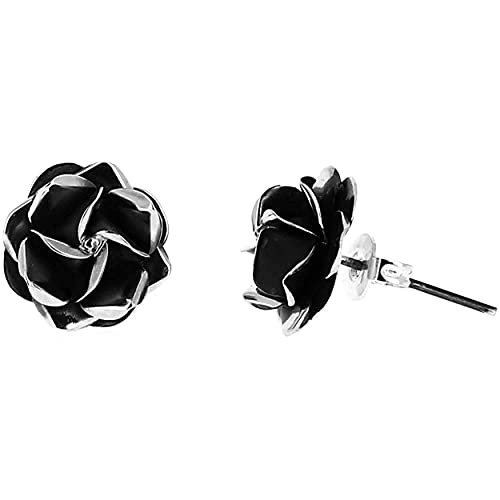 Boucles d'oreilles Rose en argent massif noirci - Paire boucles boutons - Cadeau femme idéal pour Saint Valentin, anniversaire, Noël, fêtes des mères - Argent 925 Millièmes - Clous d'oreille
