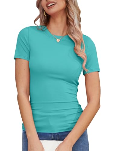 DB MOON Womens 2025 Short Sleeve Shirts Summer Casual Tops Crew Neck Basic Layer Ribbed Slim Fitted Tee3