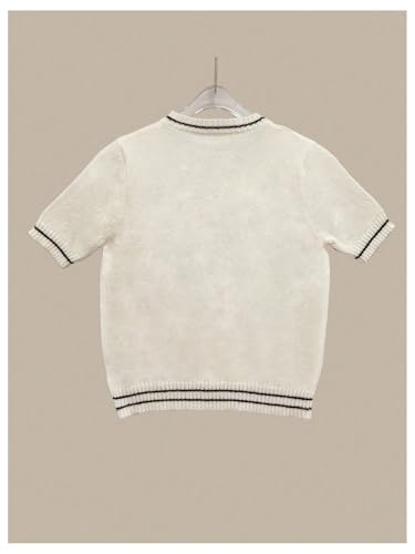 MakeMeChic Women's Contrast Binding Heart Pearls Sweater Crew Neck Short Sleeve Knit Pullover Top2
